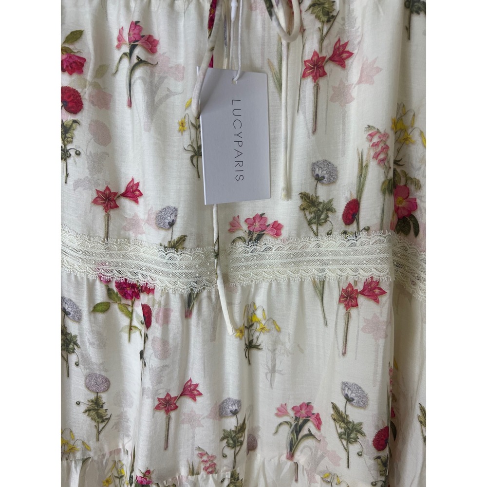 Lucy Paris Floral Tiered Maxi Skirt Cream Pink Lace Trim Boho Cottagecore XL